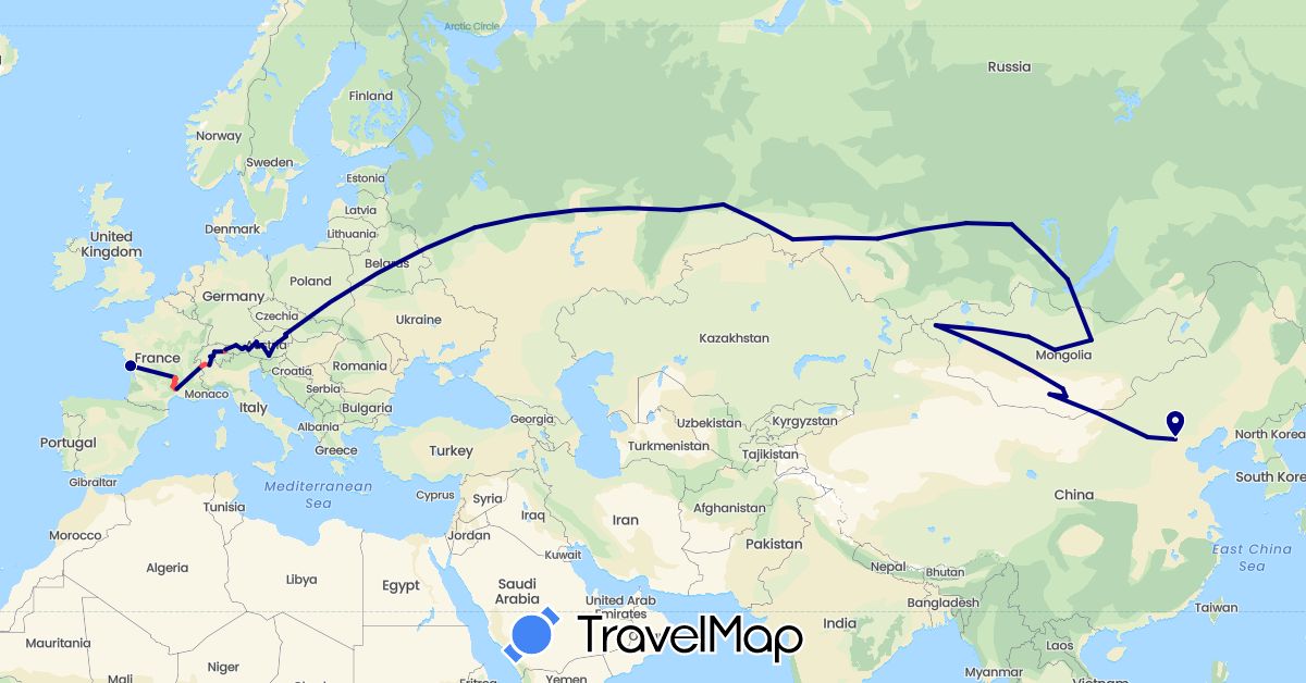 TravelMap itinerary: driving, hiking in Austria, Switzerland, China, Germany, France, Liechtenstein, Mongolia, Russia (Asia, Europe)