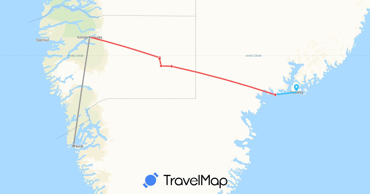 TravelMap itinerary: driving, plane, hiking, boat in Greenland (North America)