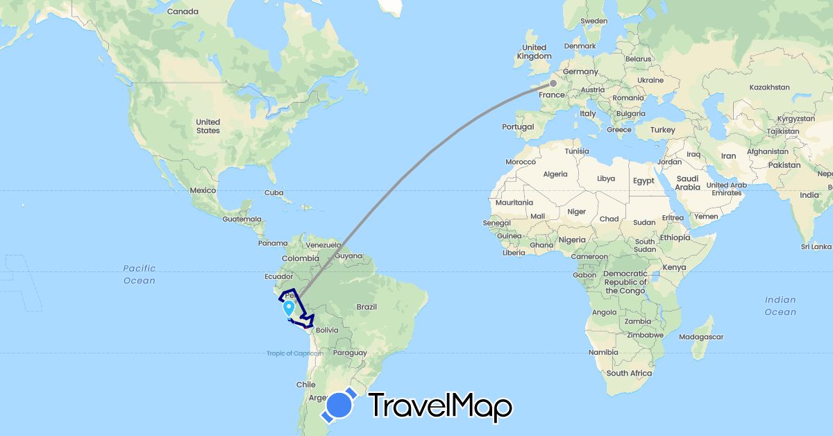 TravelMap itinerary: driving, plane, hiking, boat in France, Peru (Europe, South America)