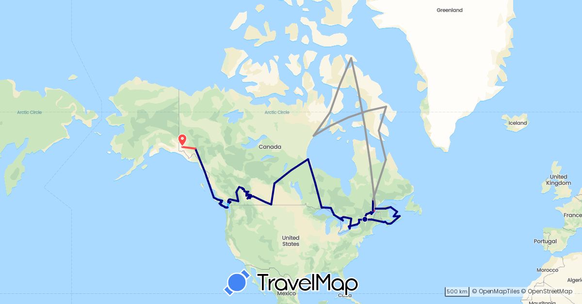 TravelMap itinerary: driving, plane, hiking, boat in Canada (North America)