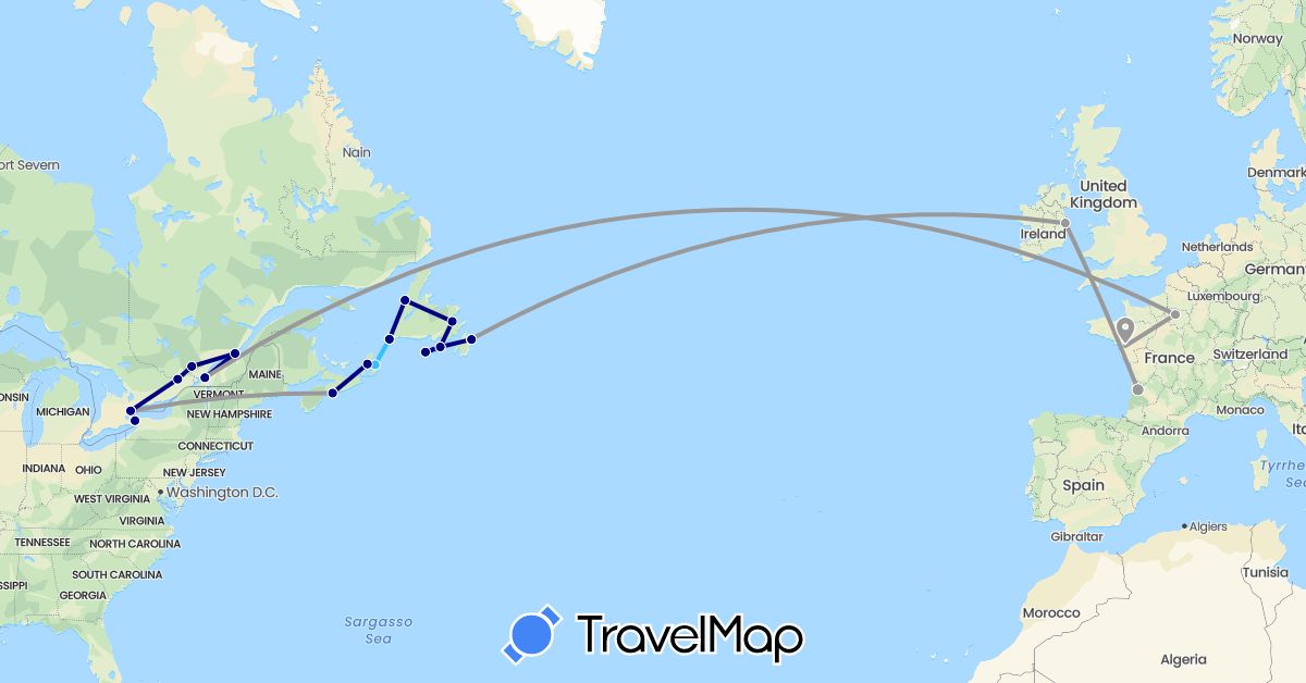 TravelMap itinerary: driving, plane, boat in Canada, France, Ireland, Saint Pierre and Miquelon, United States (Europe, North America)