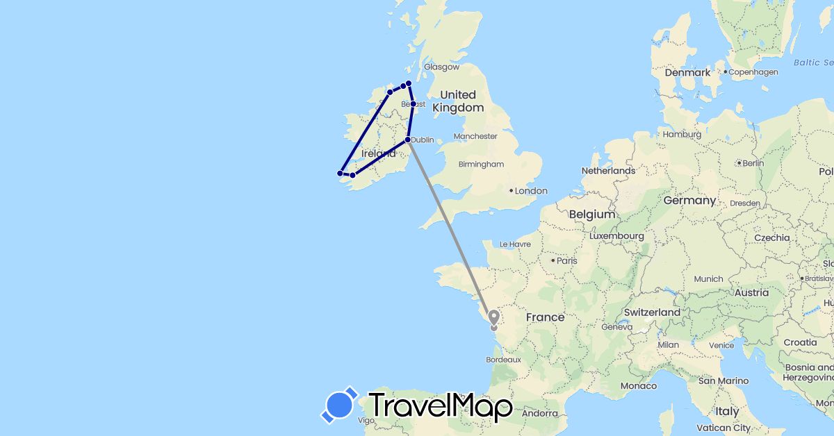 TravelMap itinerary: driving, plane in France, United Kingdom, Ireland (Europe)