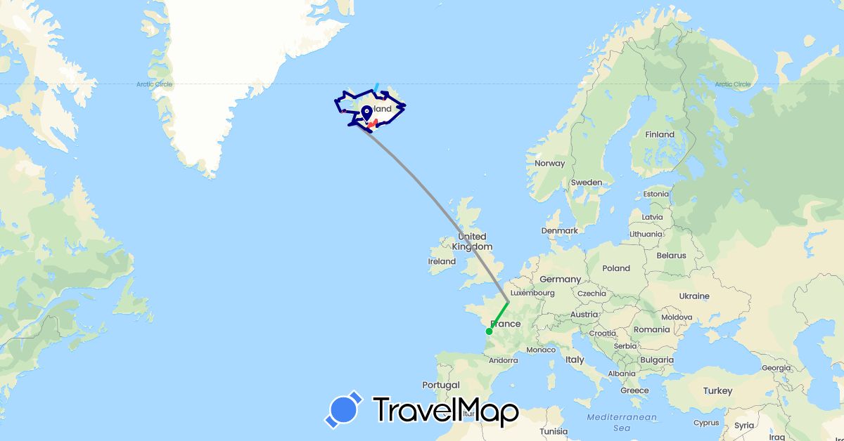 TravelMap itinerary: driving, bus, plane, hiking, boat in France, Iceland (Europe)