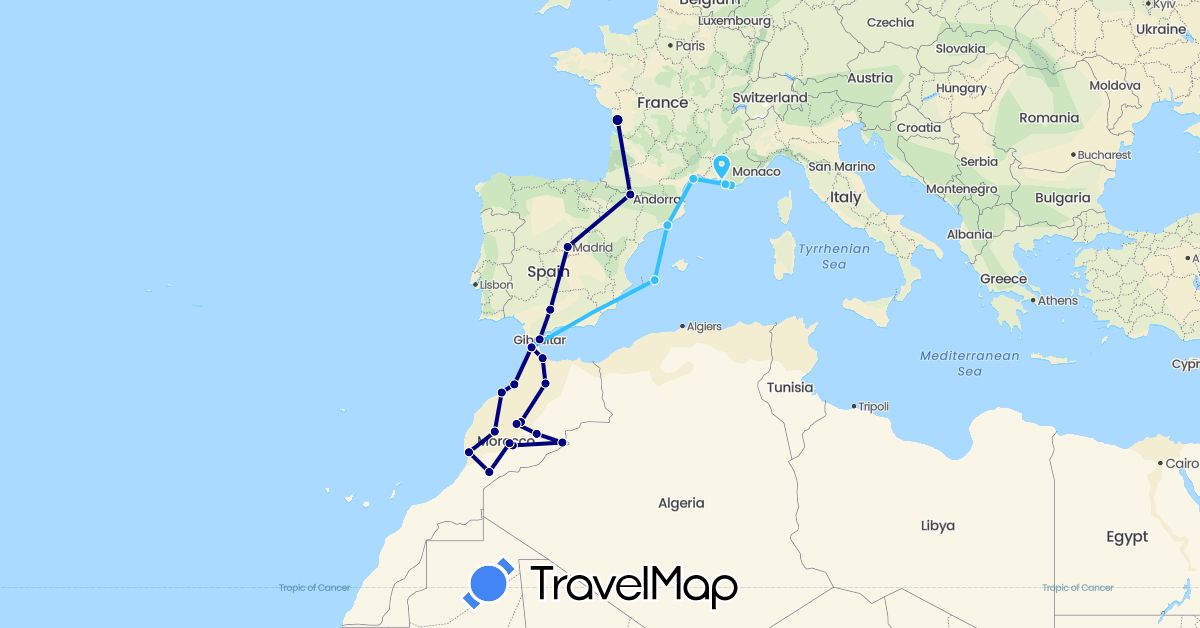 TravelMap itinerary: driving, boat in Spain, France, Gibraltar, Morocco (Africa, Europe)