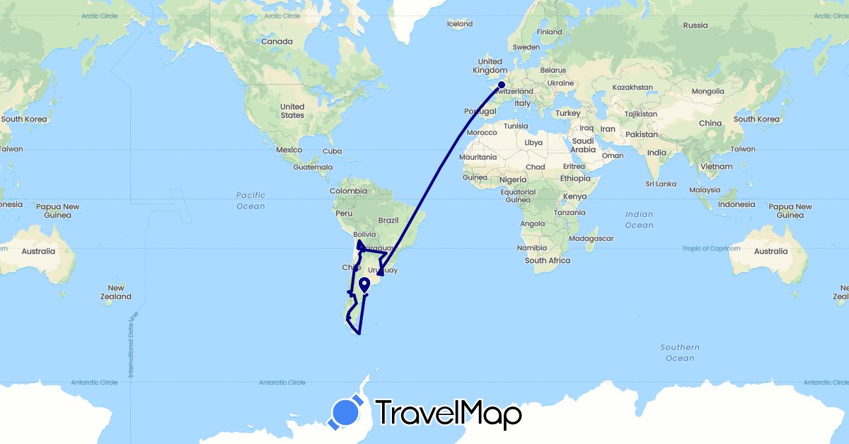 TravelMap itinerary: driving in Argentina, Bolivia, Chile, France, Uruguay (Europe, South America)